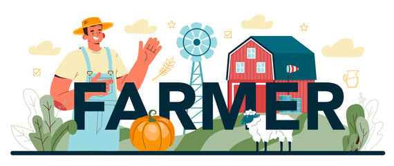 Naklejka premium Farmer typographic header. Farm worker growing plants and feeding animals.