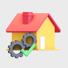 house maintenance service icon success with gear and checkmark symbol 3d render illustration