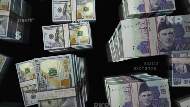 American Dollar and Pakistani Rupee money exchange. Banknotes pack bundle. Concept of trade, economy, competition, crisis, banking and finance in Pakistan. Notes loopable seamless 3d.