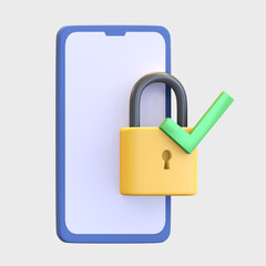 smartphone data protection lock with padlock and check mark icon 3d render illustration