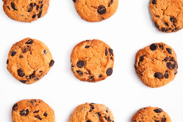 Tasty chocolate chips cookies on white background