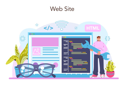 Website development online service or platform. HTML coding process.