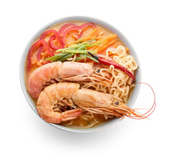 Bowl of tasty Thai soup on white background