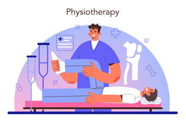 Physiotherapy concept set. Doctor helping patients during physio
