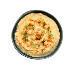 Bowl with delicious hummus on white background