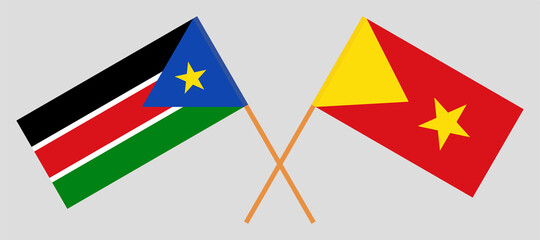 Crossed flags of South Sudan and Tigray. Official colors. Correct proportion