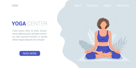 Fototapeta na wymiar Web page template of Yoga Center. Modern flat design concept of web page design for website. Woman meditates in the lotus position on the background of nature. Vector illustration.