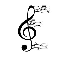 Musical treble clef and music notes, isolated design element on white background, vector illustration. © Vectorry