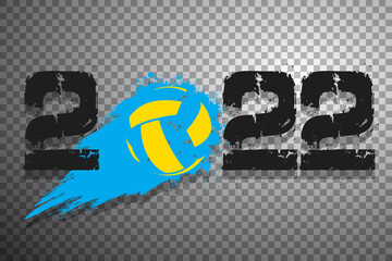 Numbers 2022 and flying abstract volleyball ball made from blots with by milky way in grunge style. Happy New Year 2022. Design template for greeting card. Vector illustration on isolated background