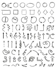 Infographic elements on isolation background. Collection of arrows on white. Hand drawn simple arrow. Line art. Set of different signs. Doodles for work. Art creation
