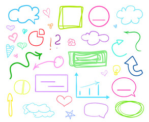 Multicolored infographic elements isolated on white. Set of different indicator signs. Hand drawn simple objects. Right and left direction pointers. Abstract circles, arrows and rectangles