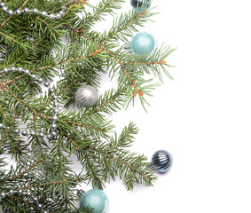 Fototapeta na wymiar Christmas decor and fir branches on white background