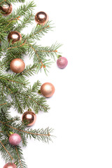 Christmas decor and fir branches on white background