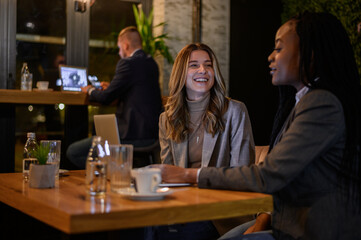 Two businesswoman having a meeting in a cafe while using a laptop