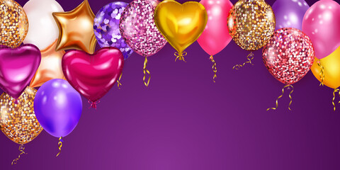 Vector illustration with flying colored helium balloons in various shapes and colors on purple background