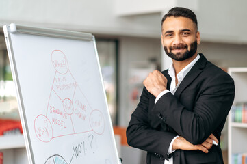Portrait confident successful influential Indian manager or business coach in a formal suit stands...