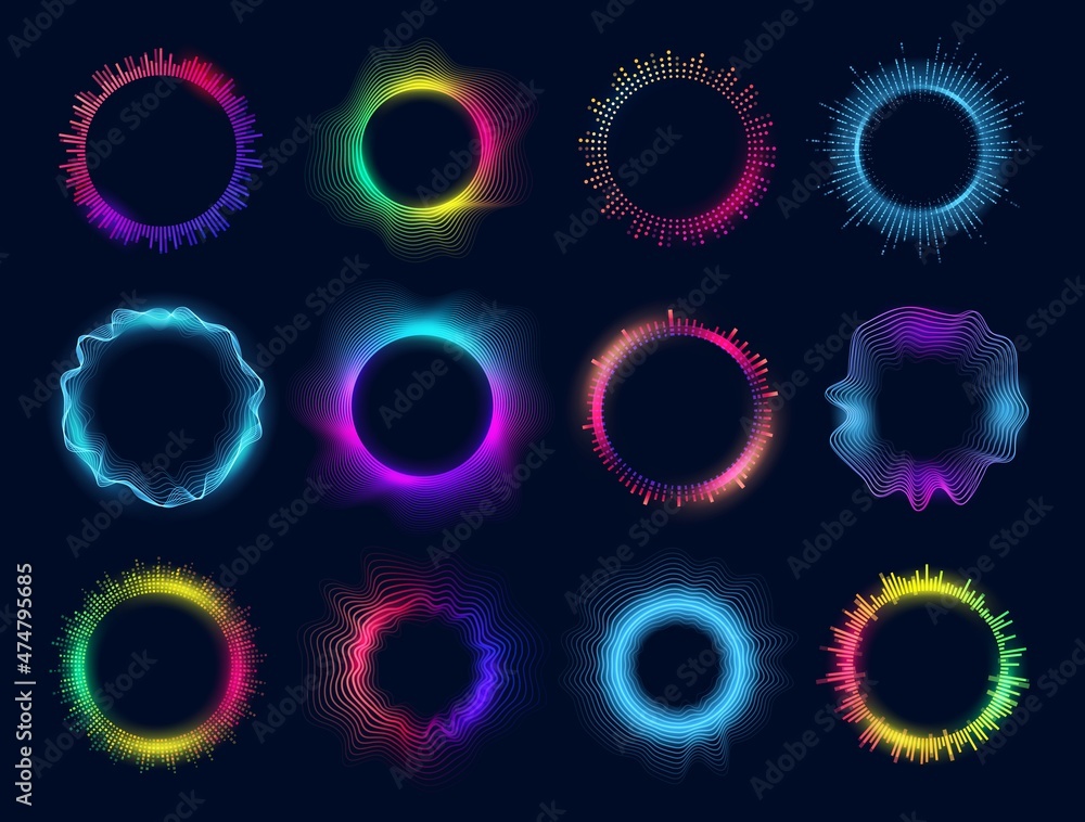Poster Neon circles of sound wave and audio equalizer, vector round glow of music and voice assistant. Voice recognition app soundwave signs, digital communication and soundwave virtual controls