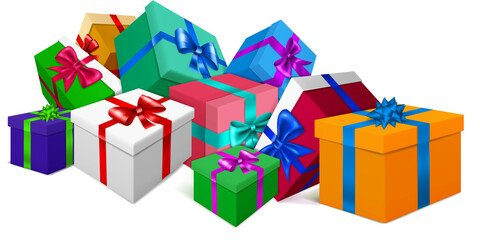 Vector illustration with bunch of colored gift boxes with ribbons and bows on white background