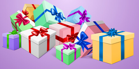Vector illustration with bunch of colored gift boxes with ribbons and bows on purple background