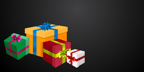 Vector illustration with bunch of colored gift boxes with ribbons and bows on black background