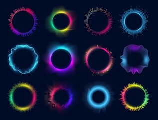 Neon circles of sound wave and audio equalizer, vector round glow of music and voice assistant. Voice recognition app soundwave signs, digital communication and soundwave virtual controls - obrazy, fototapety, plakaty