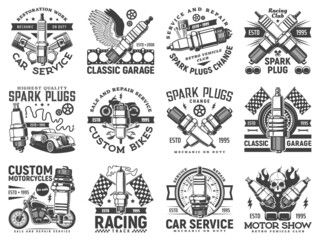 Garage custom motor icons, motorcycle and car races, vector mechanic service emblems. Garage custom repair and restoration service for cars and bikes, racing club and retro motors drive show