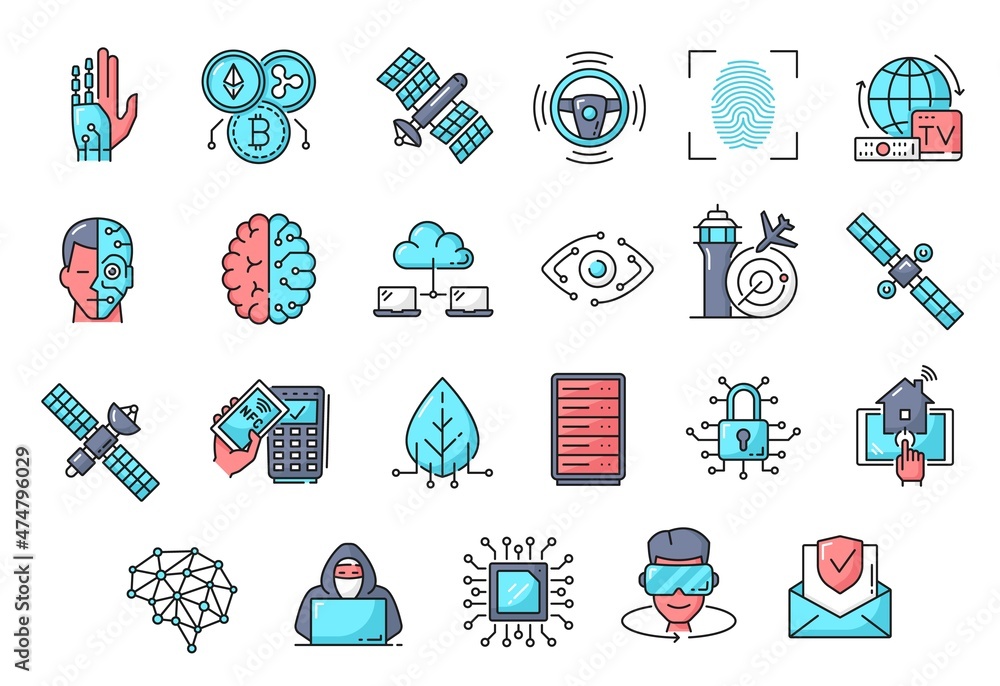 Aufkleber Future technology icons of cyborg autopilot and global network security. Blockchain payment and digital cloud storage tech, smart TV and safety home, robot brain machine and internet big data vector