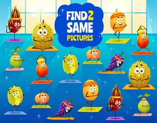 Fototapeta premium Find two same cartoon fruit characters in yoga or fitness gym stage, vector kids puzzle. Children tabletop game to find similar fruits, papaya and grape, guava and melon, carambola on pilates