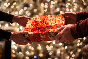 Fototapeta na wymiar Two hands with a gift on a Christmas background, give gifts concept