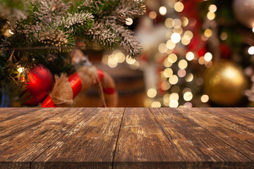 Rustic table on a beautiful Christmas or New Year background with garlands