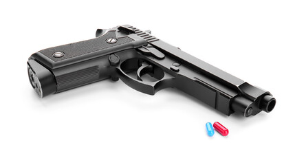 Gun, red and blue pills on white background. Matrix concept