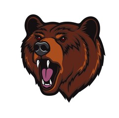 Angry grizzly bear head mascot, roaring wild animal vector beast. Sport team or university football and rugby club badge, grizzly bear with fierce fangs, sport league emblem