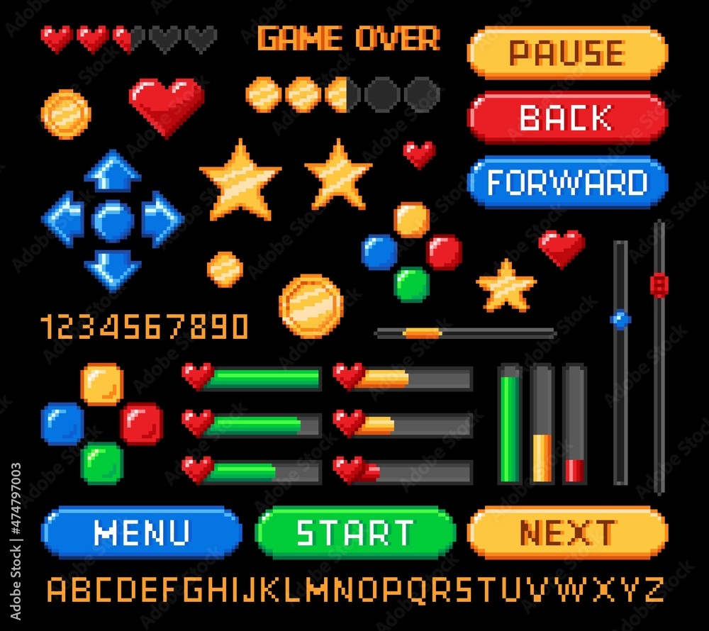 Poster pixel art 8bit game interface, retro buttons and loading bars, rating and health vector icons. 8 bit