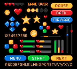 Pixel art 8bit game interface, retro buttons and loading bars, rating and health vector icons. 8 bit pixel game asset for video arcade UI and menu with levels arrows, pause and start buttons © Vector Tradition