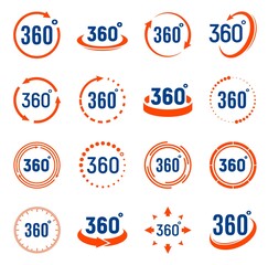 360 degrees rotate icons, 3D perspective of virtual camera panorama. 360 degrees vector arrows in circle for view angle rotation or full panoramic video tour of VR rotation buttons and signs
