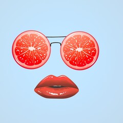 Contemporary art collage, modern design. Female face with grapefruit slices glasses and red lips on background.
