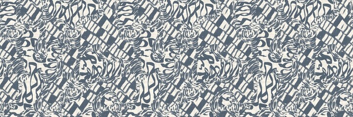 Seamless two tone hand drawn brushed effect pattern border swatch. High quality illustration. Collage of minimal drawings arranged in a seamless pattern with fabric texture overlay. Rough scribble.