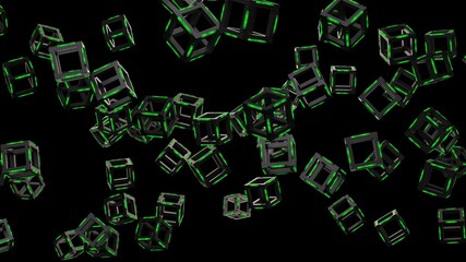 Green illuminated carbon fiber reinforced cube under black background. Block chain network technology concept illustration. 3D illustration. 3D CG. 3D high quality rendering. 