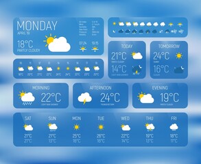 Weather forecast and meteorology widget app interface with tables and charts. Weather forecast vector widget for mobile phone screen, UI application template with temperature, snow, sun and rain icons - obrazy, fototapety, plakaty
