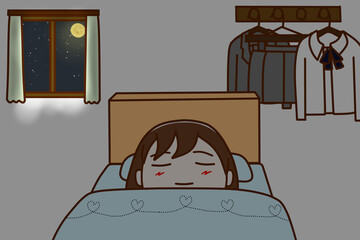 月あかりが照らす中ベッドですやすやと眠る女子学生