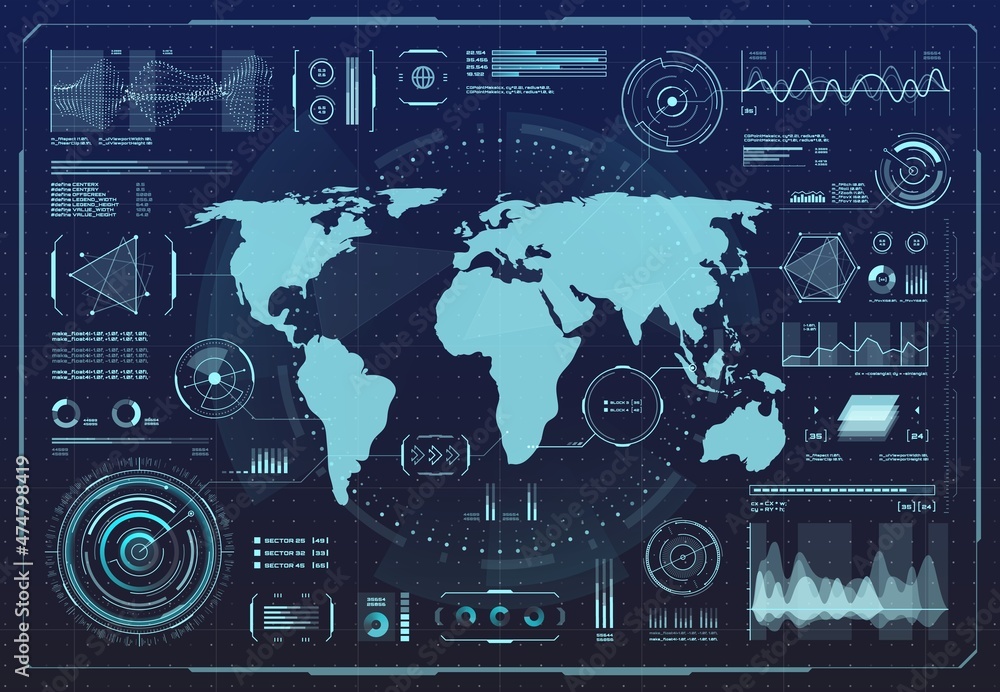 Leinwandbilder HUD hologram interface, digital earth map infographic charts and graphs. HUD virtual touch screen vector interface for game or technology background, UI data graphics panel or dashboard display