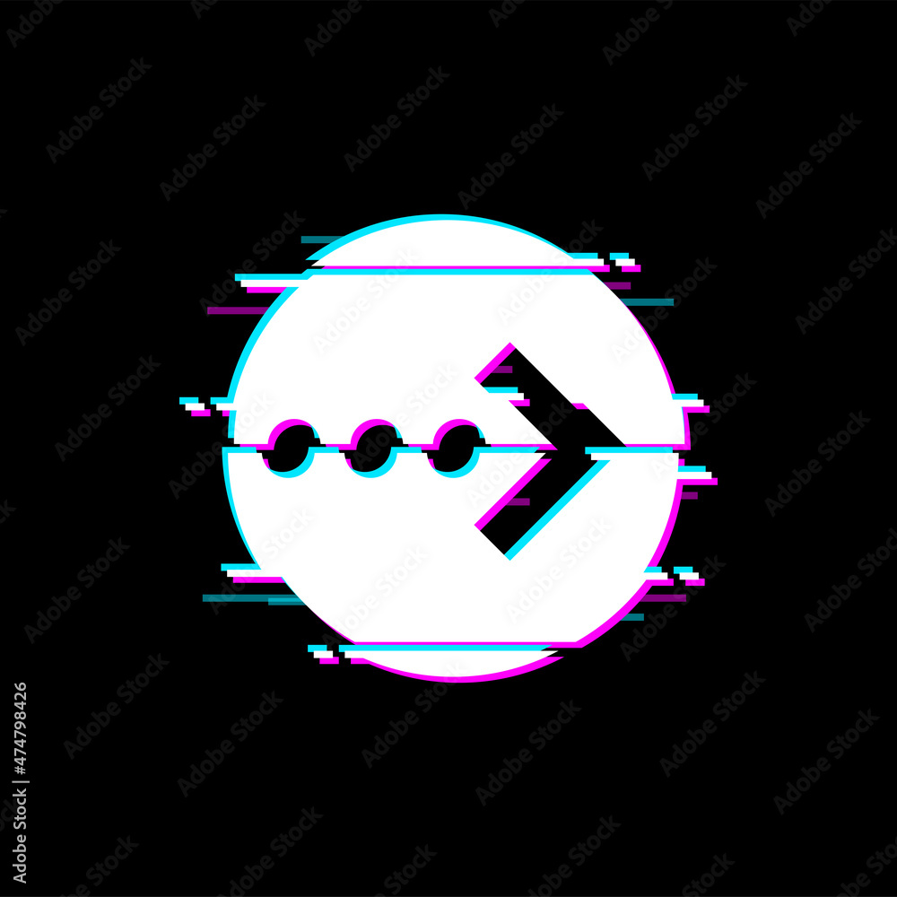 Poster Way pointer arrow pointing jump forward right in glitch circle isolated ui game design element. Vector interface panel design navigation sign, arrow pointing right way, digital noise