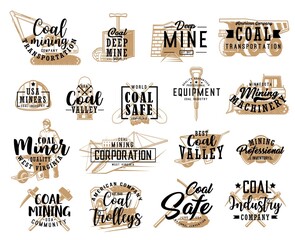 Coal mining industry tools and transport icons set. Miner with wheelbarrow, bulldozer, haul truck and mine dump car, coal stacker pickaxe and sledgehammer, dynamite, jackhammer and shovels vector