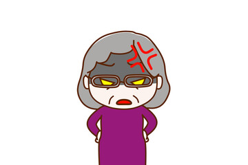（上半身正面）ありえないことが起きてイライラしながら顔色悪く怒っている高齢の女性