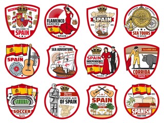 Spain and Barcelona isolated icons of vector travel and tourism. Spanish flamenco dance, bull and matador of corrida, sea ship, guitar and olives, map, flag and coat of arms, football, knight templar