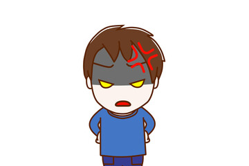 （上半身正面）ありえないことが起きてイライラしながら顔色悪く怒っている少年