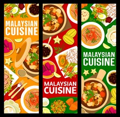 Malaysian cuisine food banners with Asian dishes and Malay meals, vector rice and curry. Malaysian traditional cuisine menu for restaurant dinner or lunch, spring rolls, curry pies and prawn fritters