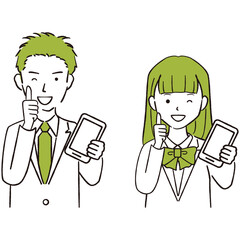 手描き1color　現役高校生中学生の男女　スマホをもっていいね！