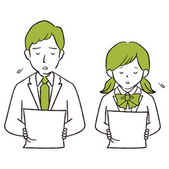 手描き1color　現役高校生中学生の男女　プリントを見て落ち込む