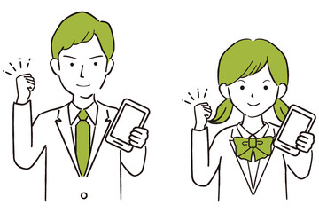 手描き1color　現役高校生中学生の男女　スマホをもってガッツポーズ